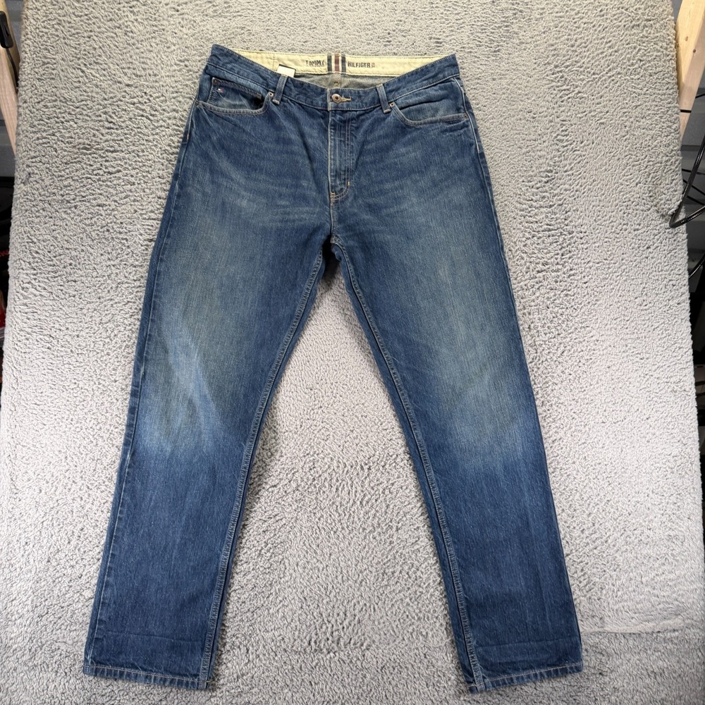 Vintage Tommy Hilfiger Jeans Men 36x34 Blue Cotton Denim Straight Faded Workwear